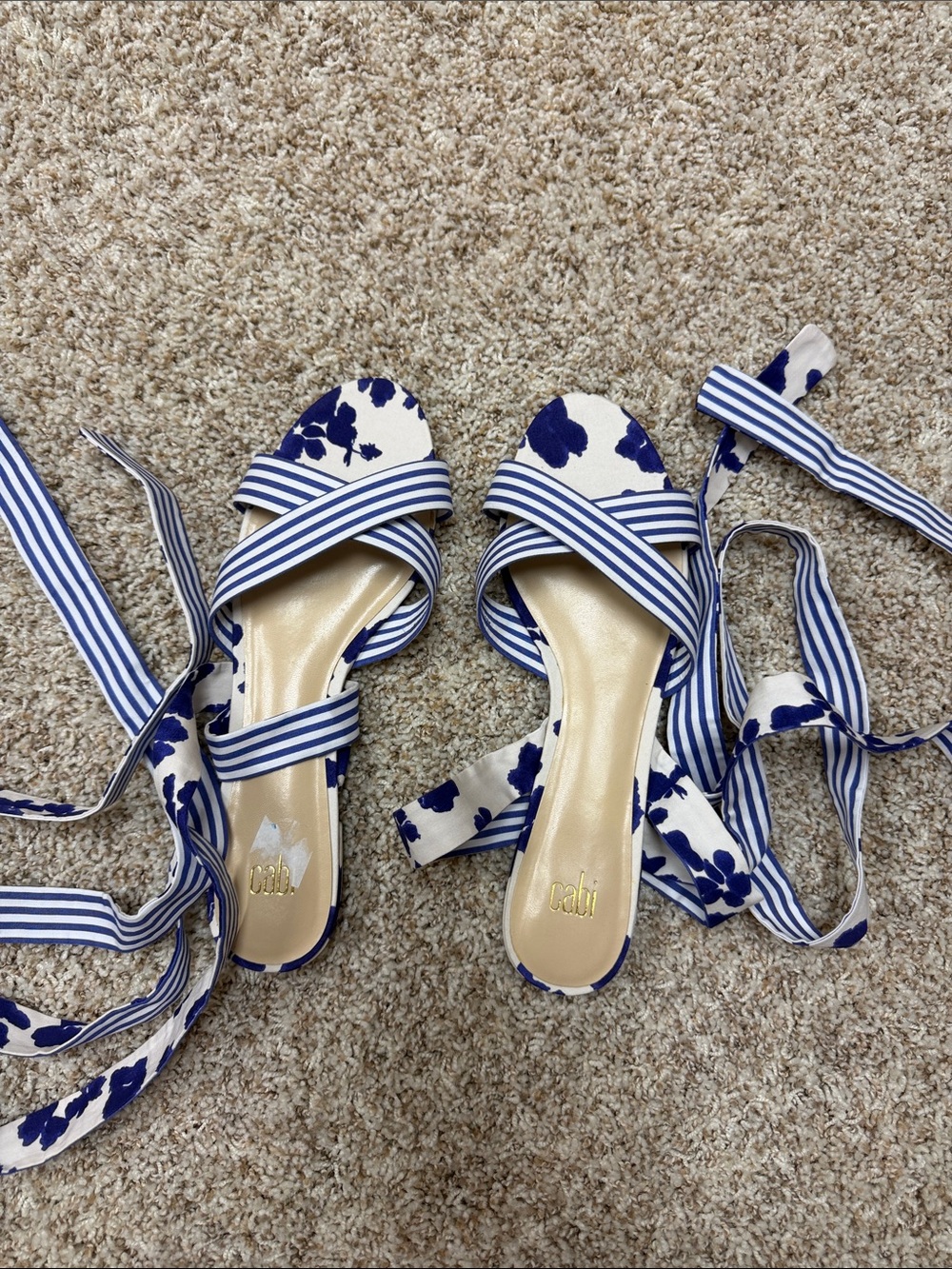 Cabi Blue & White Floral Striped Ankle-Tie Sandals